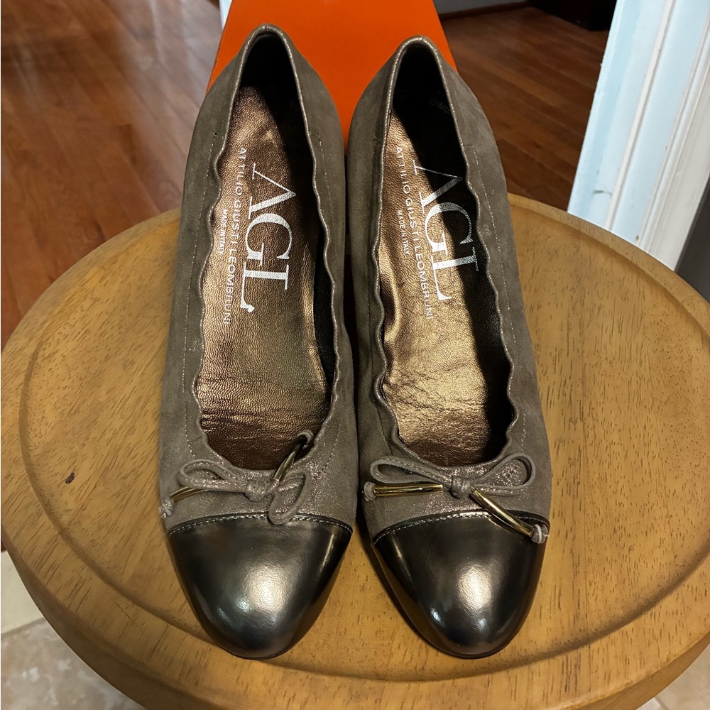 AGL brand ballet flats in pebble-ginger shimmer.